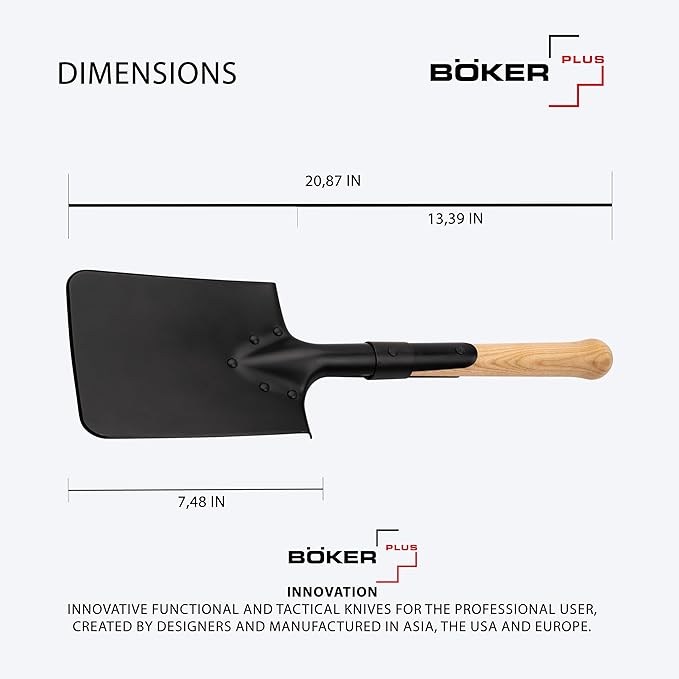 Boker Plus® Shovel M1874 - German Field Spade with Wooden Handle - Army Short Spade Based on Historic Pioneer Spade - Short Outdoor Shovel with Bag for bushcraft Camping and Survival Equipment