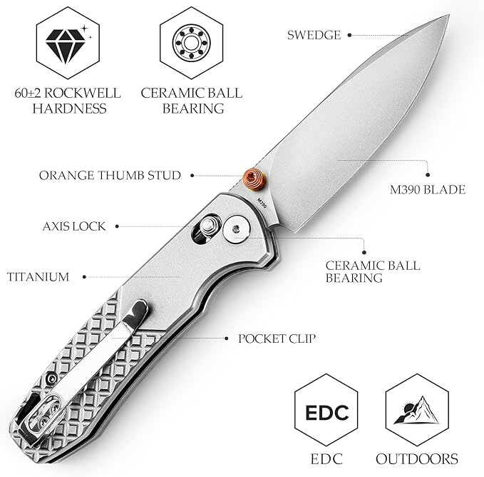 TRIVISA Pocket Knife 3'' M390 Blade Folding Knife for Men Women Titanium Handle Folding Pocket Knives with Clip Crossbar Lock Thumb Studs Opener EDC Knife for Camping Outdoor Hiking Dragonfly-O