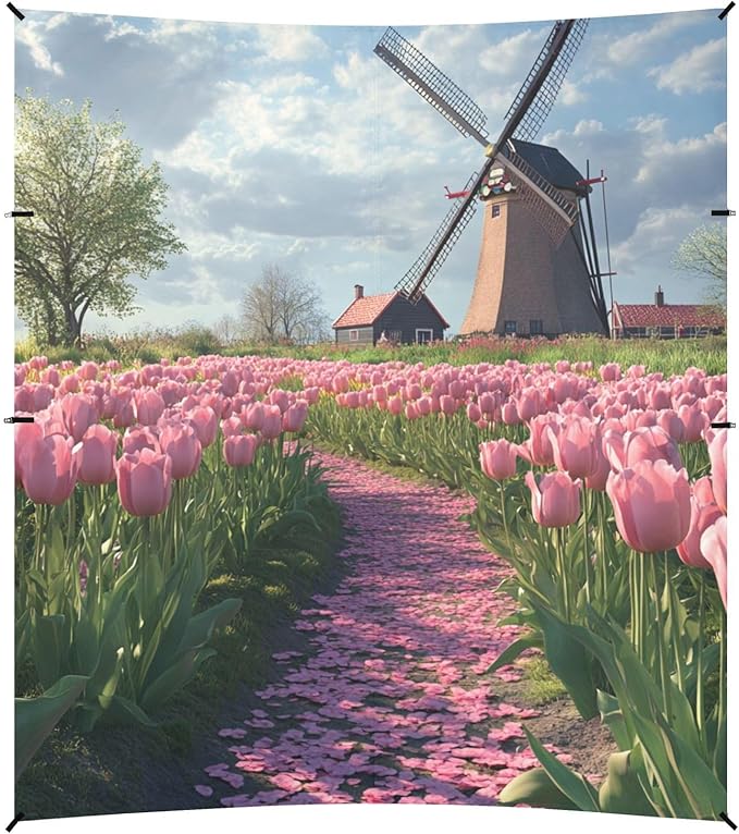 ALAZA Pink Tulips Windmill Beach Tent Sun Shelter Portable Canopy Sunshade for Outdoor Camping Picnics Backyard Fun 10x9 ft