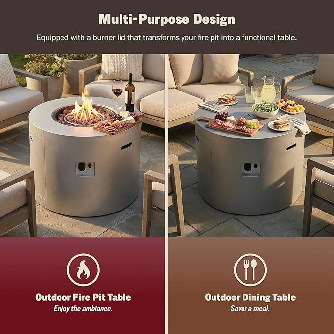 32 Smokeless Propane Fire Pit Table w/Lid Alloy Steel Round Outdoor Patio Firepit Table 50000 BTUs Lava Rocks Weatherproof Cover CSA Safety Certified for Wooden Deck Backyard and Pool