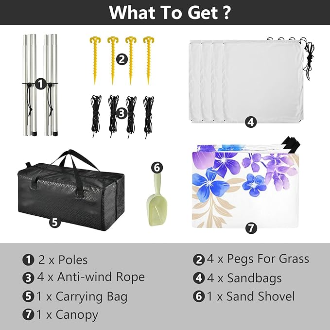 Beach Canopy with Windproof Ropes &amp Sandbags Beach Tent Sun Shade Sun Shelter for Camping Trips Fishing Backyard Fun or Picnics Purple Flowers