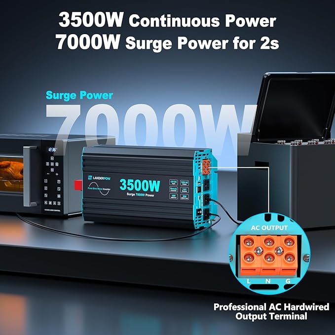 Pure Sine Wave 3500W Power Inverter 12V DC to 120V AC for RV Truck Home Off-Grid Solar Inverter with 3 AC Outlet 30W USB-C 5V 3.1A USB Hardwire Port 15FT Remote Control Surge 7000W