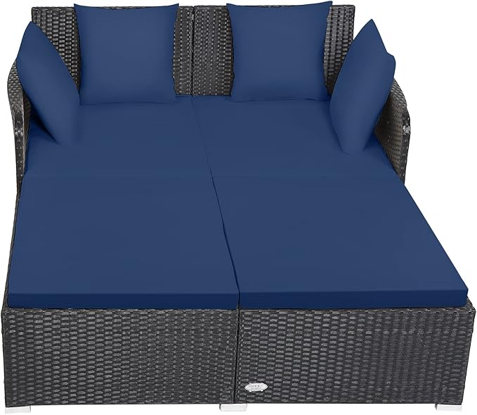 Tangkula Outdoor Rattan Daybed Sunbed Wicker Furniture w/Spacious Seat Upholstered Cushion &amp High-Resilience Sponge Wicker Patio Sofa Set w/Extra Pillows for Courtyard Poolside (Navy)