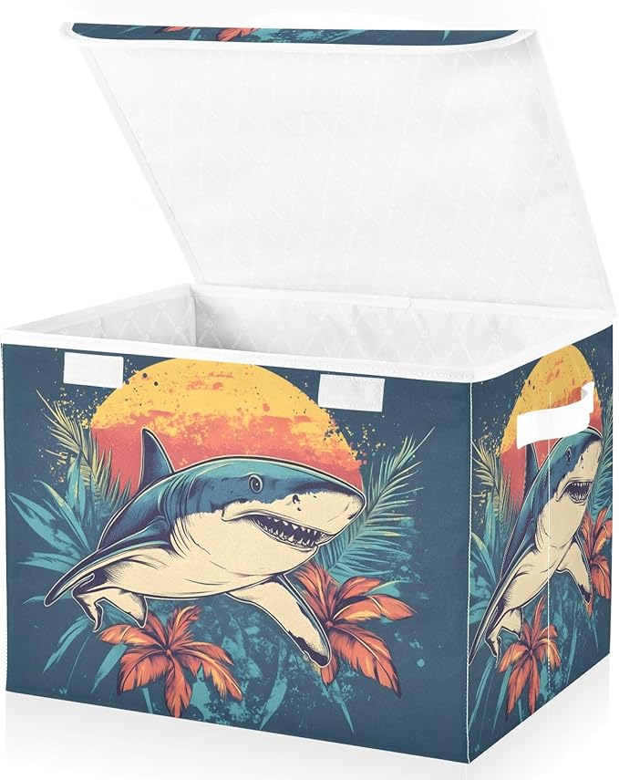 Tropical Fish Floral Storage Cube Bins Basket with Lid Collapsible Flip-top Fabric with Handle for Home Bedroom Closet Office 16.5×12.6×11.8 in