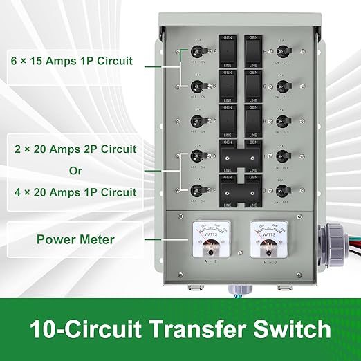 30 Amp Generator Transfer Switch Kit10-Circuits 7500W Indoor&ampOutdoor NEMA 3R Include 10 Foot Cord and 30 Amps Inlet Box Easy to Install5 Years Warrnaty