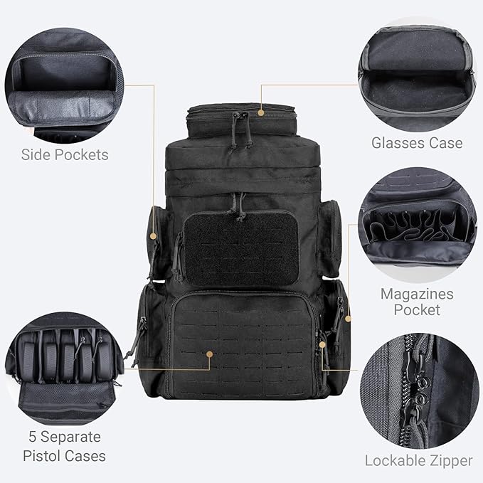 MGFLASHFORCE Tactical Range Backpack for handgunsLaser-Cutting Modular Gun Backpack with 5 Pistol Cases for Hunting and Shooting