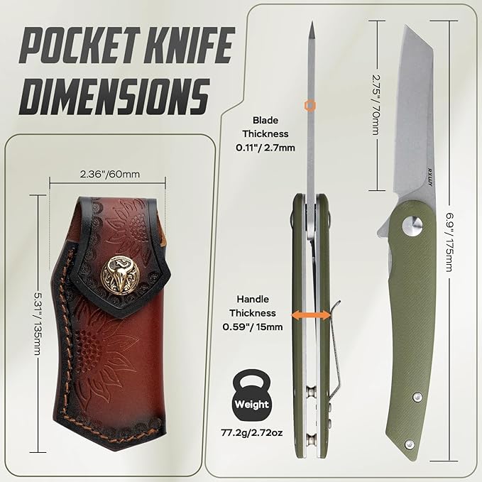 Folding Pocket Knife with Leather Sheath 2.79” 14C28N Steel Blade Micarta Handle Flipper Liner Lock Small EDC Folding Knife Sharp Camping Hunting Outdoor Survival Knives for Men Women (Green)