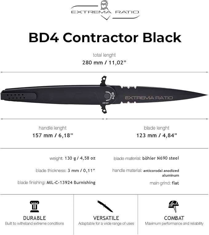 Extrema Ratio - BD4 Contractor (Black) Folding Knife Böhler N690 Steel Blade 58 HRC Black Burnished Finish Smooth Aluminum Handle Ergonomic Design Reversible Clip Italian Craftsmanship Durable