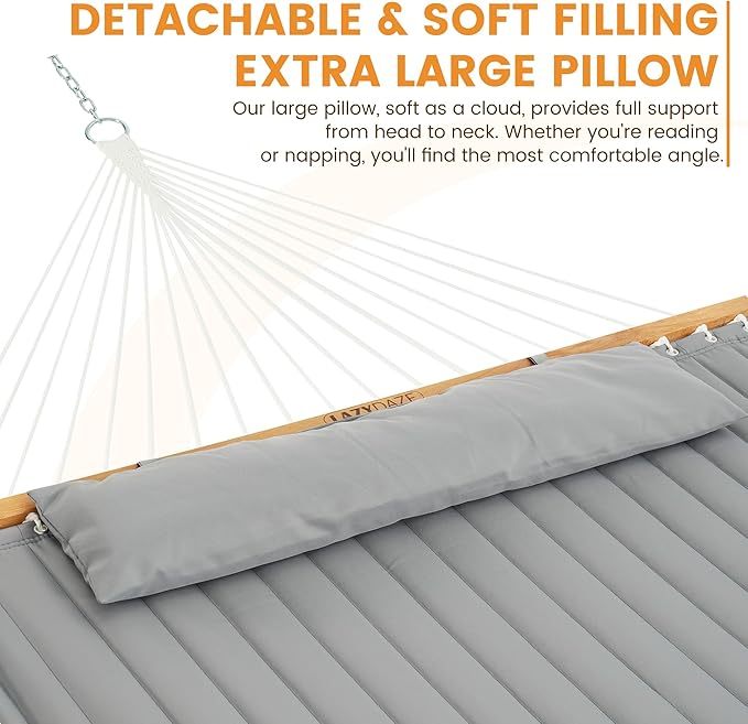 Lazy Daze Hammocks 12 FT Double Quilted Fabric Hammock with Spreader Bar and Detachable Pillow 2 Person Double for Outside Patio Backyard 450lbs Capacity Light Gray