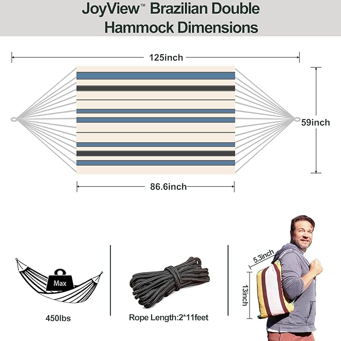 JoyView Brazilian Double Hammock with Hanging Ropes Extra Large 86.6x59” Portable Cotton Hammock for Patio Backyard Porch 450LBS Weight Capacity Perfect for Outdoor/Indoor - Blue &amp White Stripes