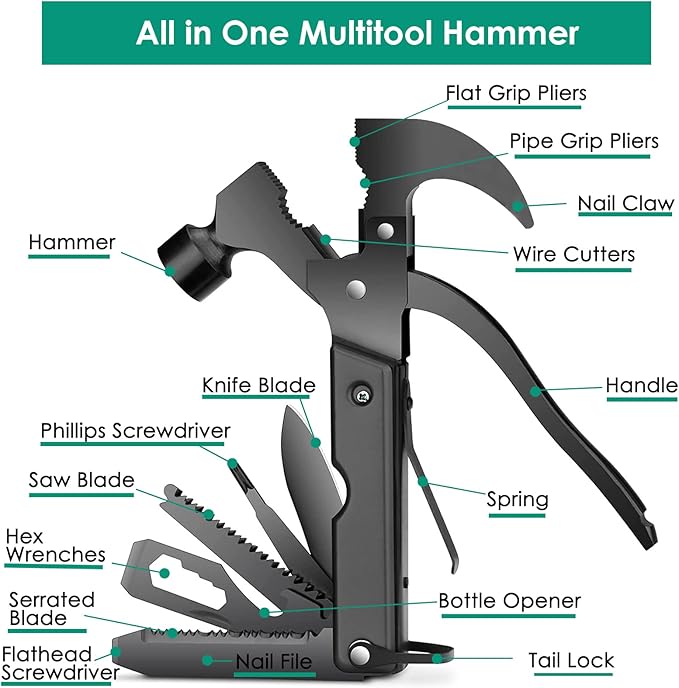 Survival‑Ready Camping Multitool – All‑in‑One with Knife Hammer Saw &amp Pliers Durable Sheath Perfect Christmas/Birthday/Father's Day Gift for Men Dad Husband &amp Boyfriend-Hammer &amp EDC
