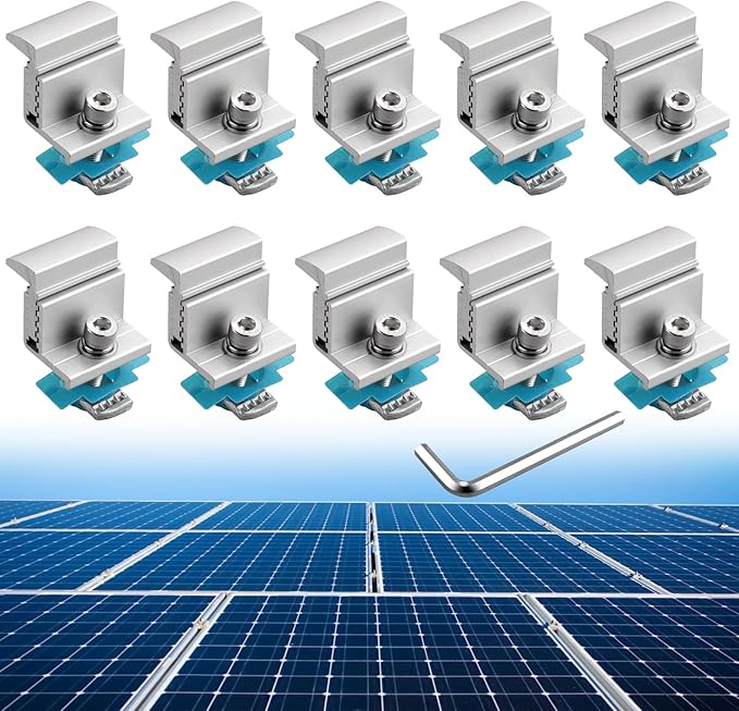 Anbte 10pcs Adjustable Solar Panel End Clamp for Unistrut 30-50mm Aluminum Solar Panel Mounting Brackets with Nuts Bolts and Wrench for Metal Roof Tin Roof Flat Roof Sheet Roof RV Silver