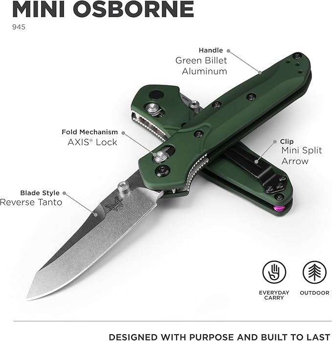 Benchmade - Mini Osborne Every Day Outdoor Folding Knife Reverse Tanto Blade with Green Aluminum Handle (945)