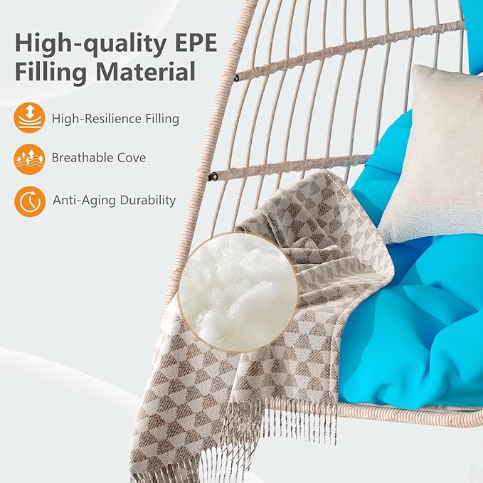 Hanging Egg Chair with Pillow HDPE Rattan Foldable Swing Chair with Aluminum Frame &amp UV Resistant Cushion Hammock Egg Basket Without Stand for Indoor Outdoor 350Lbs Capacity (Blue Cushion)