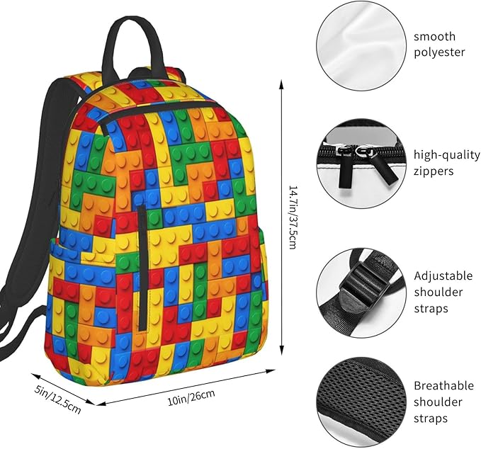 Unisex Colorful building blocks bricks Backpack Durable Laptop Backpack with Adjustable Shoulder Straps Multipurpose Backpacks for Travel Hiking Camping