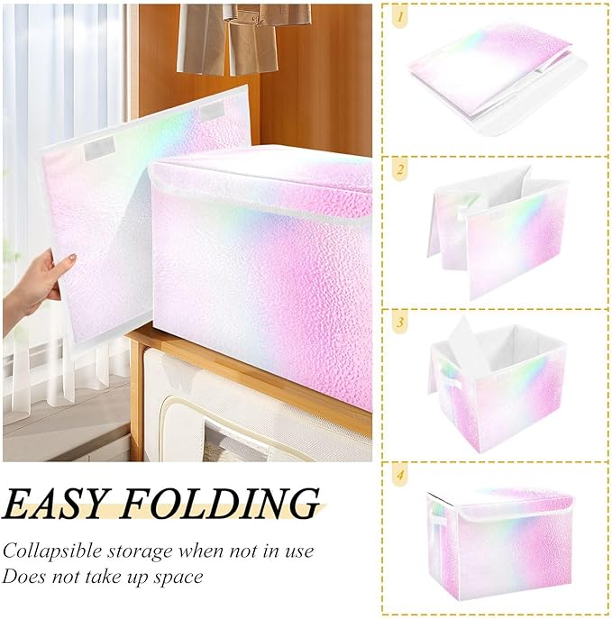 Holographic Gradient Rainbow Storage Bins with Lids Collapsible Box Organizer Shoe Box Storage for Dorm Room Office