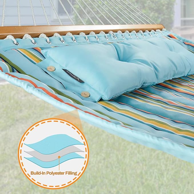 CHULIM 12 FT Double Quilted Fabric Hammock with Spreader Bars and Pillow 450 LBS Weight Capacity 2 Person Hammock for Outdoor Patio Backyard Poolside Blue Stripes