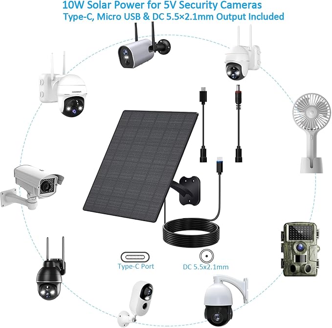 10W Solar Panel for Security Cameras 5V Outdoor Camera Solar Panel with USB-C Cable DC 5.5x2.1mm &amp Micro USB Port IP66 Waterproof with Adjustable Mount &amp 10FT Cable