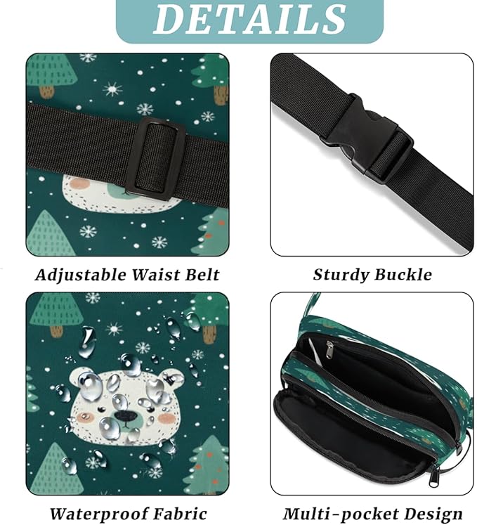 Bears Trees Snowflakes Waterproof Fanny Pack for Women Men Adjustable Waist Bag with Double Zipper Pockets Lightweight Square Hip Pack for Running Travel Hiking Workout Cycling