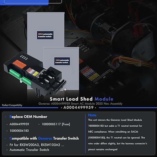 A0004499959 Smart AC Module Load Shed Module (SACM) w/Fuse Fit for Generac Generator Automatic Transfer Switch 100 200 Amp ATS Control Module Shedding Loads During Overload Replace# 10000004183
