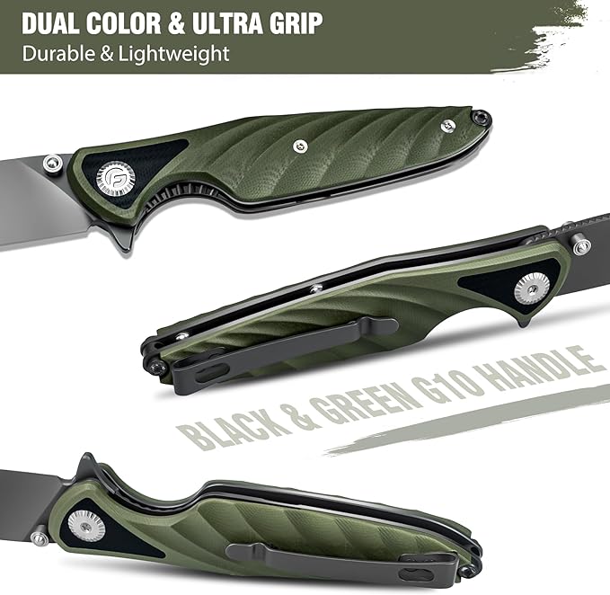 FINTISO Pocket Knife 3.15 Folding Knife Premium 14C28N Blade Bicolour Green and Black G10 Handle Design with Liner Lock Pocket Clip for Men Women Small EDC Knife for Camping Hunting Hiking Survi