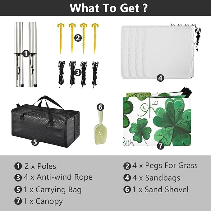 St Patrick's Day Clovers Green Beach Tent Sun Shelter Set UPF50+ UV Protection 10.5 x 9.19 FT Camping Shade Canopy with Sandbags Sand Anchors Carrying Bag and Others