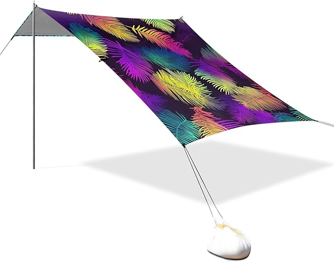 ALAZA Neon Rainbow Palm Leaf Beach Tent Sun Shelter UPF50+ Protection Beach Shade Canopy w/ 4 Sandbags for Outdoor Camping Fishing Backyard Fun Picnic 10x9 ft