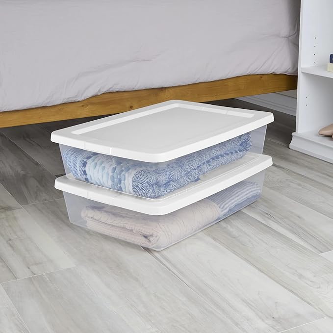 (2 pack) Small Storage Bin 28 Quart Clear Plastic Storage Container with Snap-On Lid White