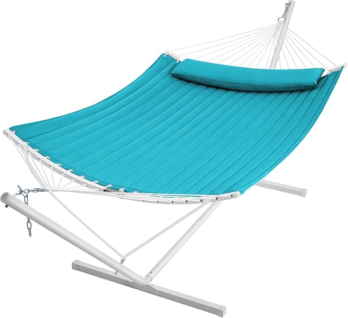SUPERJARE Hammock with Stand 2 Person Heavy Duty Hammock with Padded Cotton Detachable Pillow &amp Strong Curved-Bar &amp Portable Carrying Bag Perfect for Outdoor &amp Indoor Sky Blue