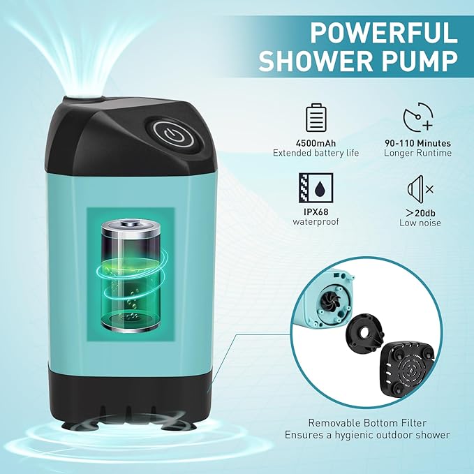 Portable Hot Shower for Camping Shower Tent Kit 1000W Immersion Heater Rechargeable Camping Shower Pump Pop Up Shower Tent with 6.6 Gallons Folding Bucket for Adults Outdoor