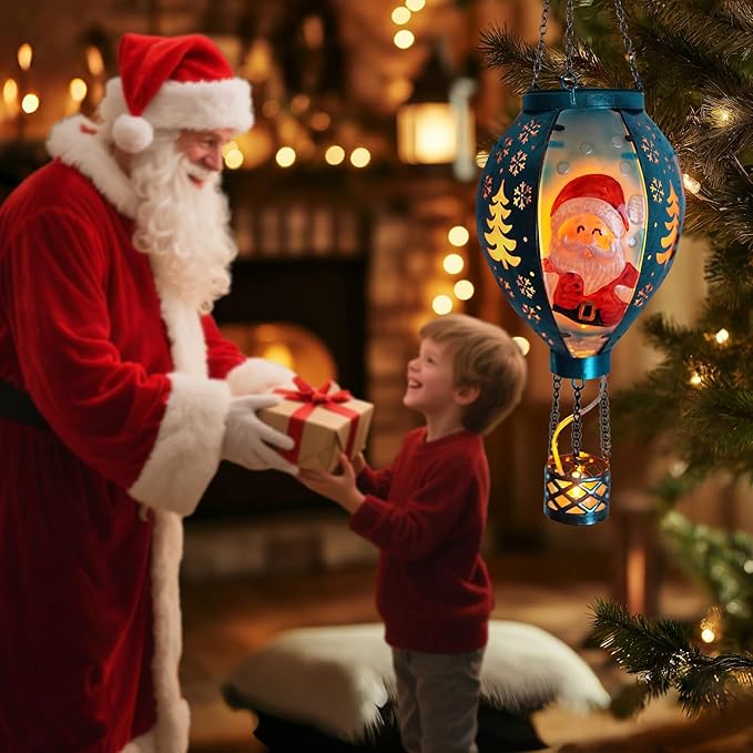 Outdoor Hot Air Balloon Solar Lanterns with Flame Solar Lights Outdoor Waterproof Hanging Christmas Lanterns Decor for Patio Porch Xmas Holiday Party(Santa Claus)