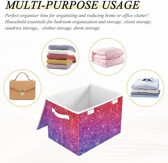 Red Purple Gradient Glitter Storage Bins with Lids Foldable Room Storage Storage Bags for Clothes for Home Studyroom