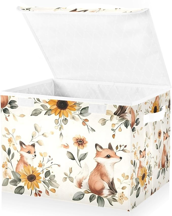 Floral Fox Storage Cube Bins Basket with Lid Collapsible Flip-top Fabric with Handle for Home Bedroom Closet Office 16.5×12.6×11.8 in