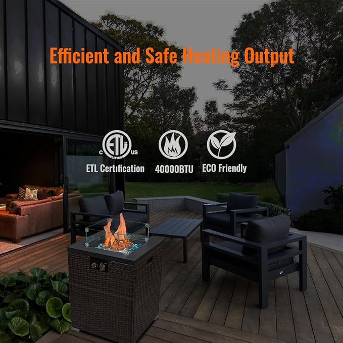 22in Outdoor Propane Gas Fire Pit Table 40000 BTU Auto-Ignition Gas Firepit with Glass Wind Guard Painted Steel Tabletop Mixed Color Glass Rocks Brown PE Rattan