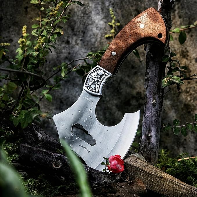 Camping Hatchet Overall 8.5in w/4in Blade Compact Camp Axe Stainless Steel Blade and Comfortable Wooden Grip Outdoor Hunting Survival Hiking Tactical Axe Tomahawk Sheath Included
