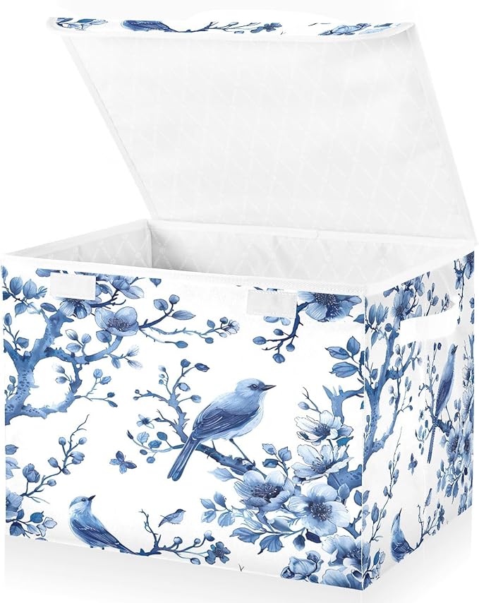 Beautiful Flowering Birds Fabric Storage Bins with Lids and HandleFoldable Storage Bins with LidsCloset Organizers for Clothes Storage Room Organization Office Storage Chest Organizer