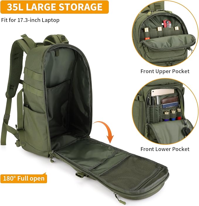 HUNTVP Tactical Backpack for Men 35L Military Backpack MOLLE 1000D Army Daypack 3 Day Bug Out Bag for Work Camping Hiking Outdoor Army Green