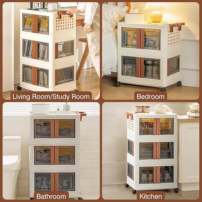 UHAPEEER 165Qt Stackable Storage Boxes with Lid 13.7Gal*3 Large Storage Bins with Wheels and Handle Plastic Storage Cabinet Collapsible Storage Bins with Front &amp Side Open Door for Closet Organi