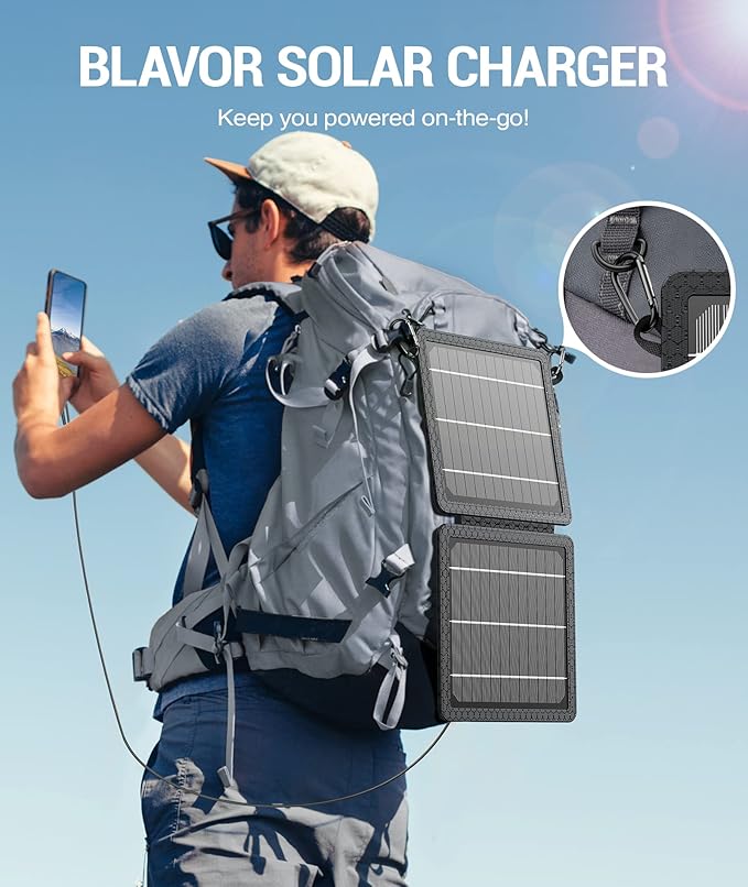 BLAVOR 10W Portable Solar Charger(5V/2A Max) Small Foldable Solar Panel with USB-C USB-A Outputs Compatible with Cell Phone Tablet IPX4 Waterproof for Camping Hiking Backpacking