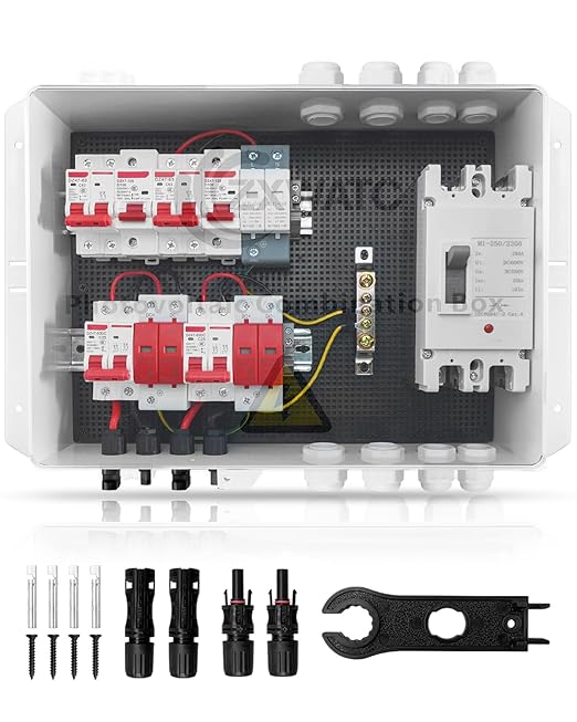 PV Combiner Box 2 String Solar Distribution Box with 25A 250A DC Circuit Breakers 63A125A AC Circuit Breakers and Surge Protection – IP65 Waterproof Perfect for 8K-10KW Solar Inverter Systems