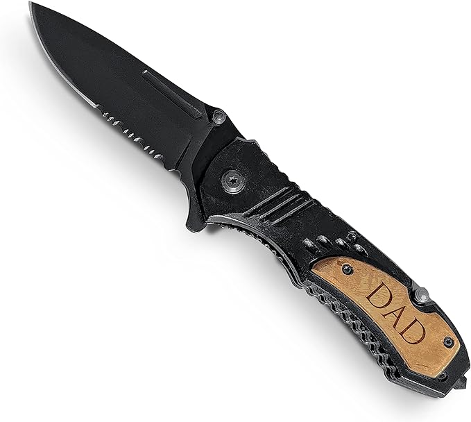 Premium Laser Engraved Folding Pocket Knife Wooden Handle and Gift Box Foldable Camping Knife for Dad Fathers Day