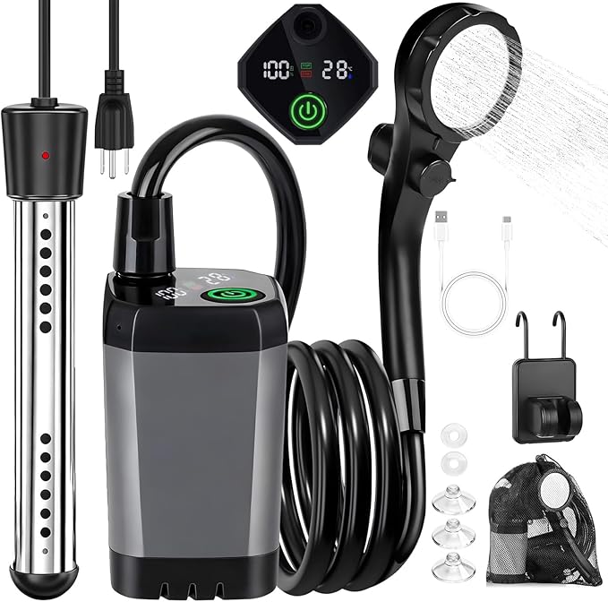 Portable Camping Shower with Heater 6000mAh Rechargeable Portable Shower with 2000W Immersion Heater LED Display Heated Camping Shower for Travel Hiking Car Pet