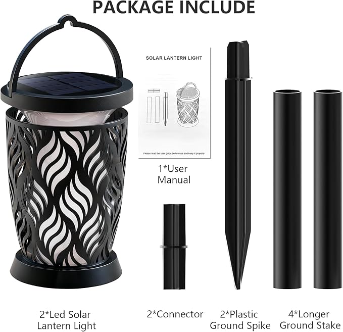 Solar Lanterns Outdoor Waterproof 2 Pack Flickering Solar Flame Lights Upgraded Hanging Flame Lantern Pathway Torch Light Table Lamp Auto On/ Off Porch Yard Gifts (1 Lighting Mode)