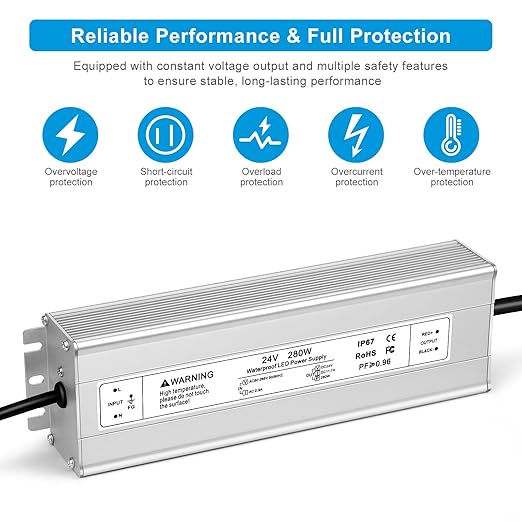 24V 280W LED Power Supply IP67 Waterproof LED Driver AC 110V to DC 24 Volt 11.7A Converter Outdoor Low Voltage Transformer for LED Strip Light Landscape Lighting 3-Prong Plug with 3.3 FT Cable