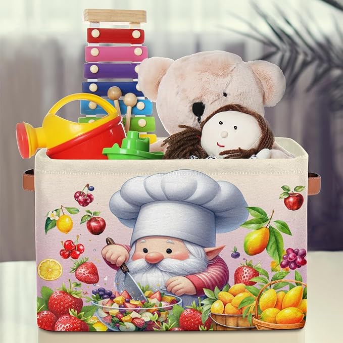 Pardick Cute Gnome Friut Basket Storage Bins Large Fabric Toys Storage Cube Box with Handles Collapsible Closet Shelf Cloth Organizer Basket for Nursery Bedroom Bathroom Holiday Gift