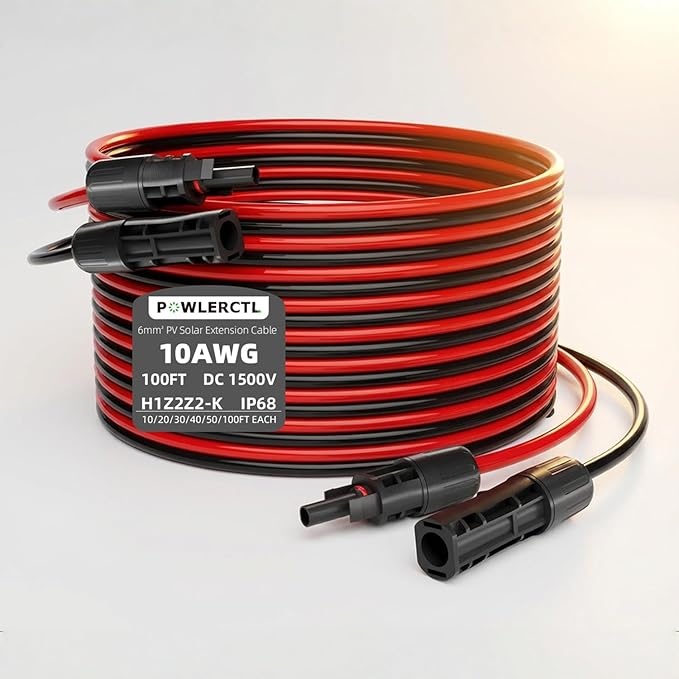 Solar Panel Extension Cable 10 AWG 100Ft 6mm² Wire Gauge Certified PV Cable100% Tinned Copper Heavy Duty with Male Female Waterproof mc4 Connectorsfor RV Home Boat Photovoltaic Systems