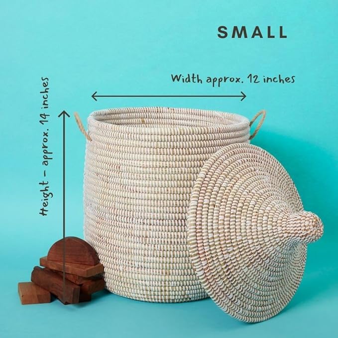 Small White Basket with Lid for Baby Laundry Small Toy Storage Hand Towels Handwoven Basket White 12 Inch Wide 14 Inch Tall