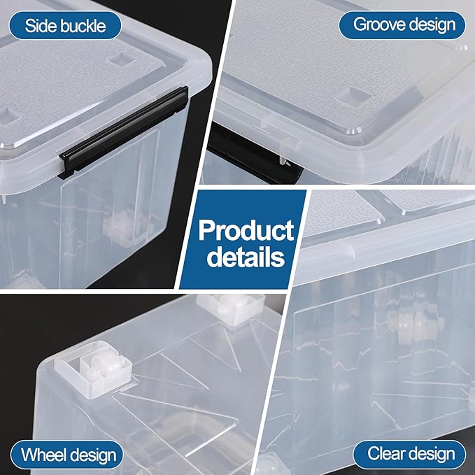 30 Quart Clear Storage Bins with Wheels and Latching Lid Stackable Plastic Totes with Snap Latches Nesting Containers 4 Packs