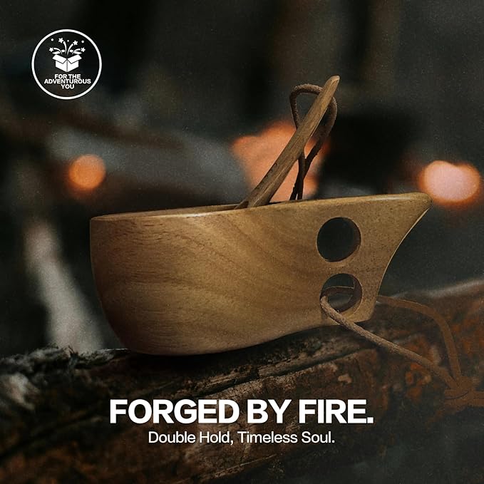 Nordic Kuksa 12oz (355ml) w/spoon Dual-Grip Wooden Camping Mug set - Bushcraft Hardwood Crafted for Travel &amp Home. Total Trail Control!