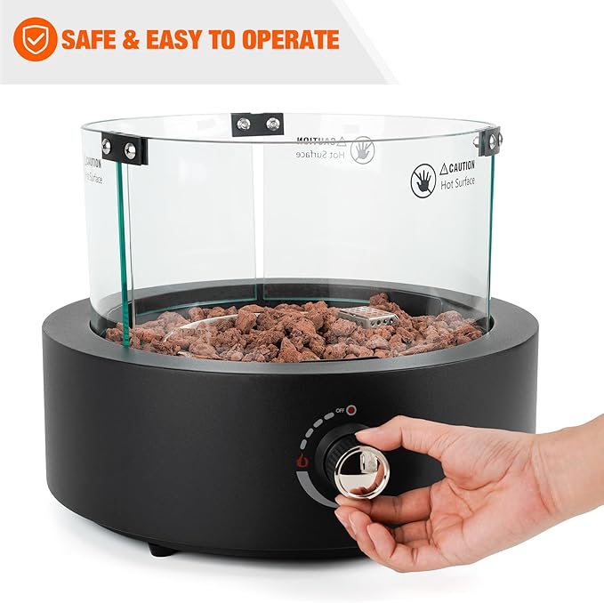 ONLYFIRE OUTDOOR LIVING 15.7 Portable Propane Gas Fire Pit Side-Mounted Modern Tabletop Fireplace Smokeless Firepit with Glass Wind Guard for Patio Camping RV Tailgating 23000BTU Round FP038